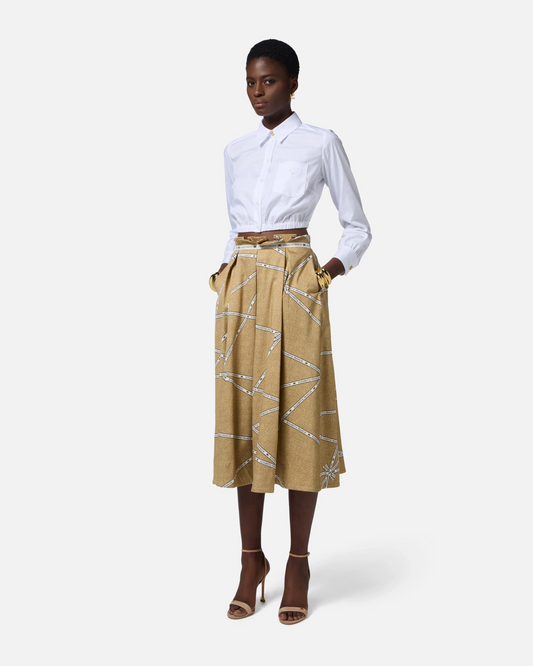 Gonna in cotone con stampa rafia e nastro