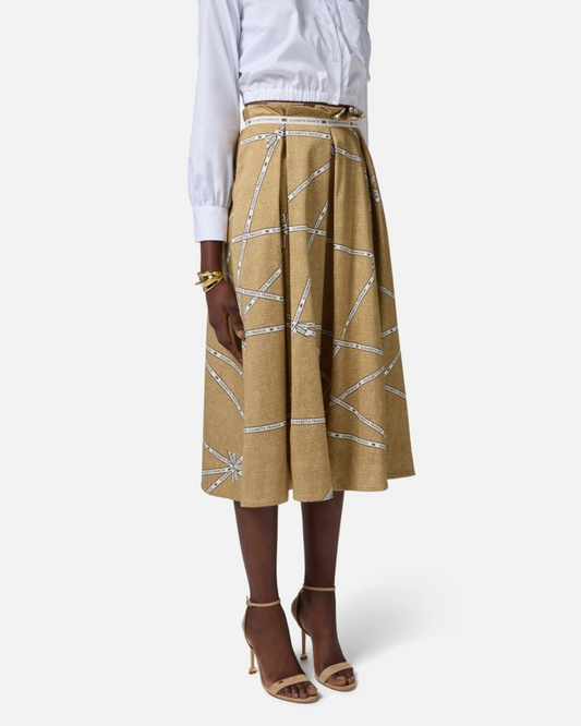 Gonna in cotone con stampa rafia e nastro