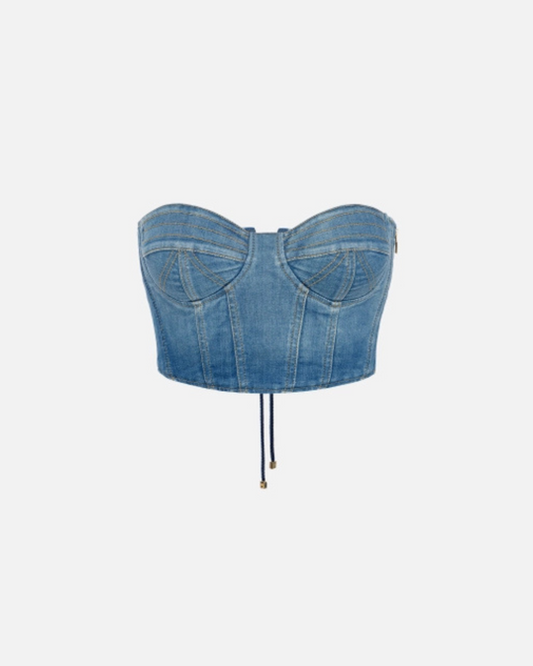 ELISABETTA FRANCHI - Bustier in denim con lacci intrecciati