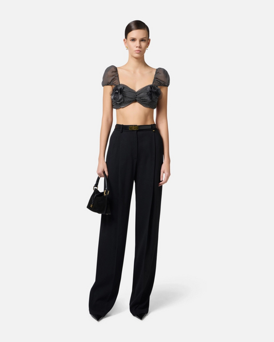 ELISABETTA FRANCHI - Top in tulle con stampa pois e fiore ricamato