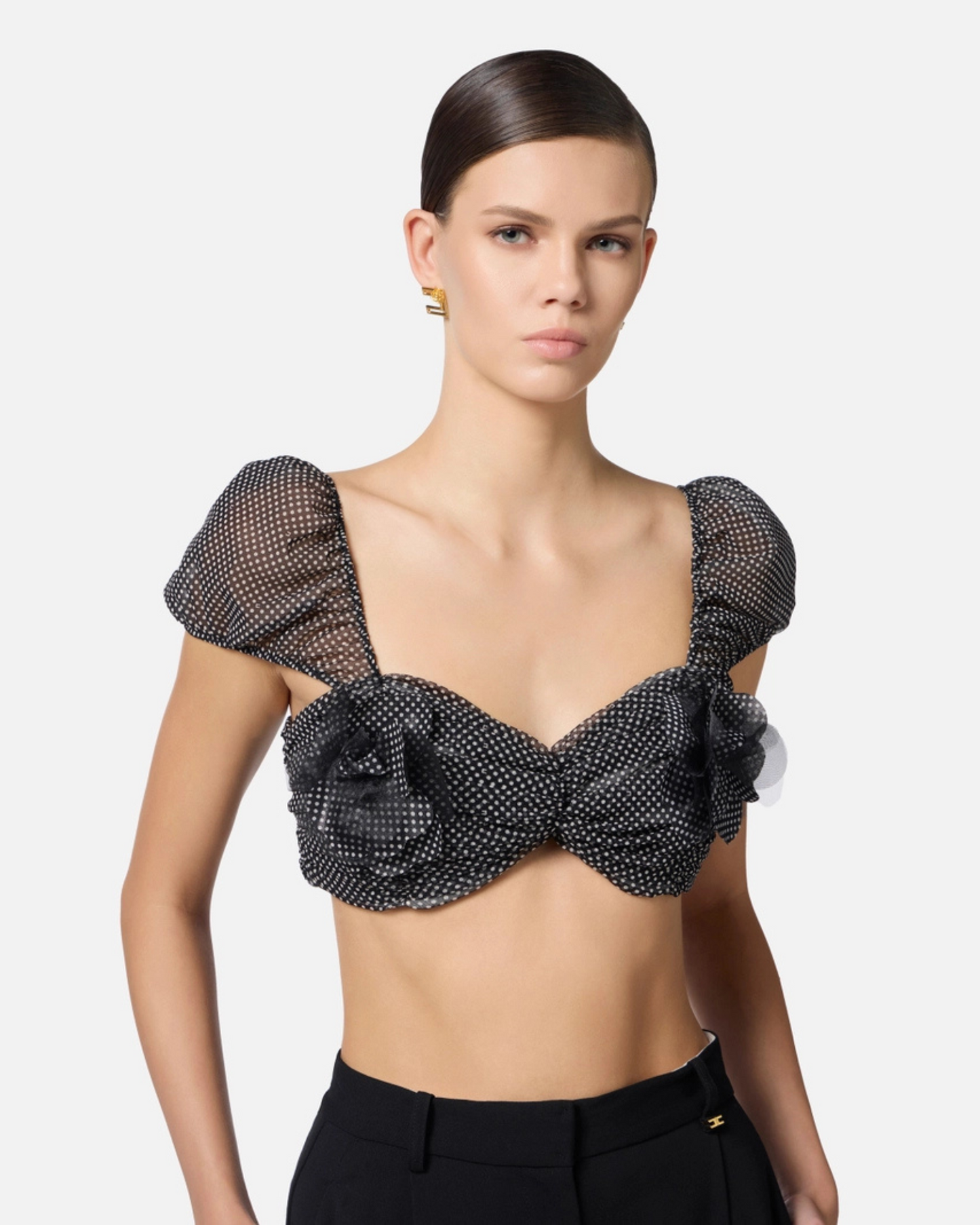 ELISABETTA FRANCHI - Top in tulle con stampa pois e fiore ricamato
