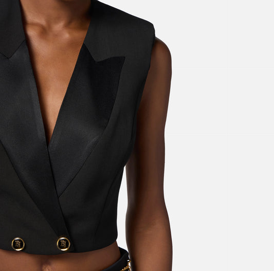 Gilet in crepe con rever in raso